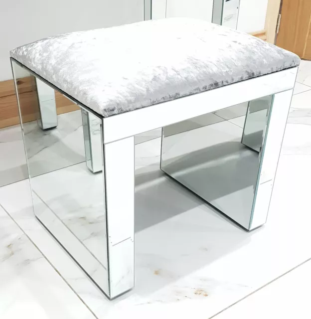 Dressing Table Stool Silver Mirrored Silver CRUSHED VELVET Stool Soft Seat