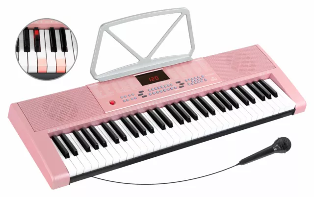 Pinkes Keyboard mit 61 Leuchttasten, 255 Sounds, 3 Lernfunktion und Mikrofon