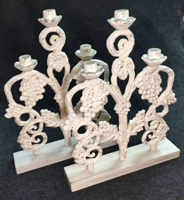 Pair Huge Cast Iron Candelabras Shabby Chic Grape Vine Home Decor Staging 17”