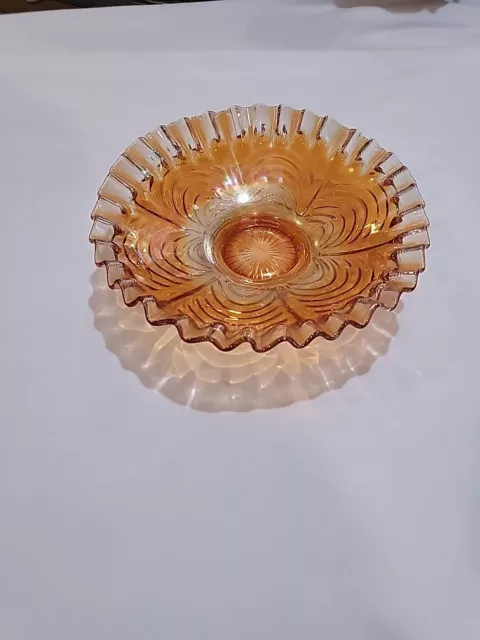 Vintage Peacock Tail Iridescent Marigold Carnival Glass Bowl Ruffled Edge Fenton 3