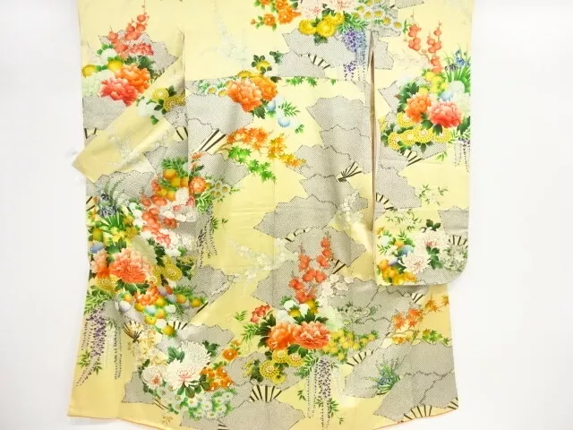 84949# Japanese Kimono / Antique Furisode / Embroidery / Fan With Peony & Fl