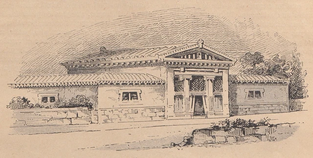 B7777 Casa Griega, 1891 Xilógrafo Época, Vintage Engraving