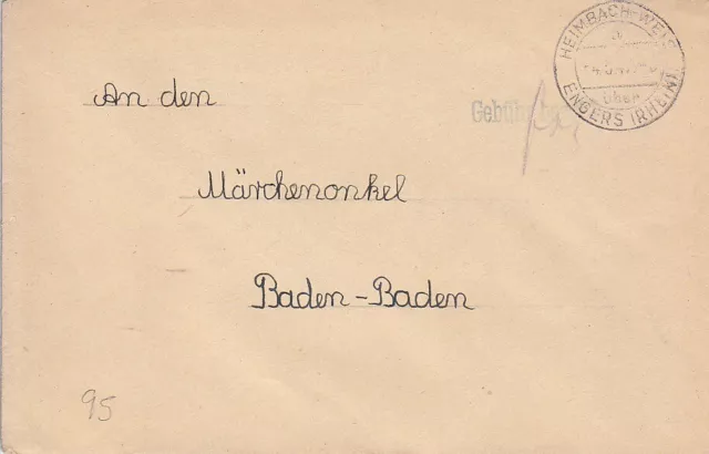 F.Zone - HEIMBACH - WEIS  über  ENGERS  (RHEIN) - Gebühr bezahlt - Brief - 1947