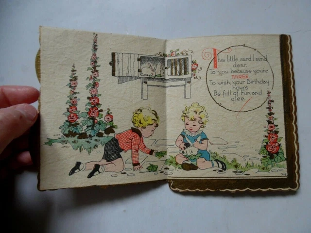 Vintage Greetings Card Love And Glee Now You Are 3 Children With Rabbit 1950S? 3