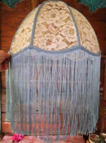 VINTAGE LAMP SHADE CREAM LACE BLUE LONG FRINGED LARGE LIGHT SHADE more LISTED