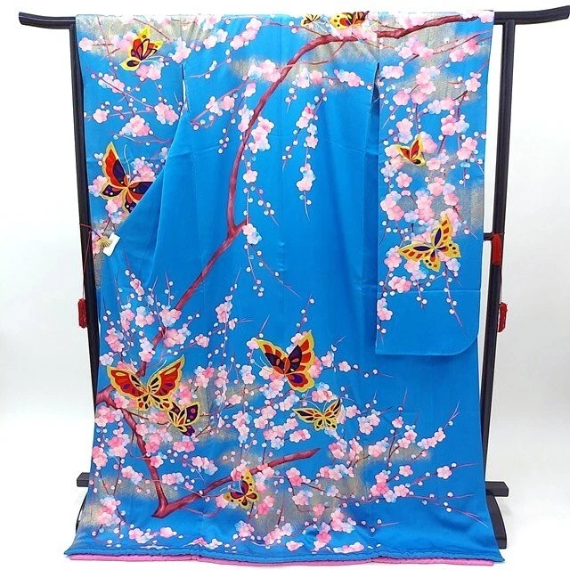 Furisode Kimono Robe L Blue Silk Wedding Dress Vintage Butterfly & Sakura  F/S