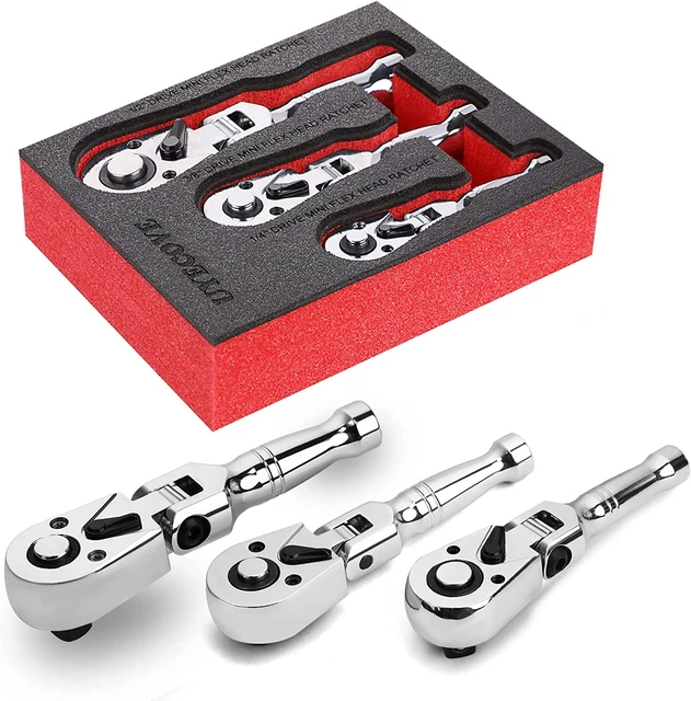 1/2 3/8 1/4 Inch Drive Stubby Ratchet, Flex Head Ratchet Set Mini Stubby Ratchet