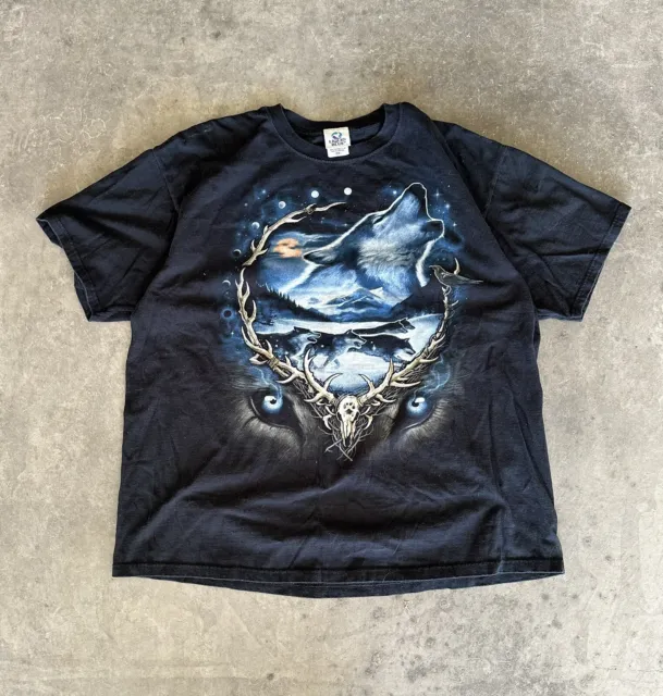 Vintage Y2K Liquid Blue Howling Wolf Native American T-Shirt Size XXL