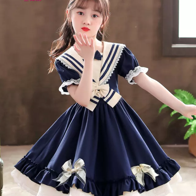 Bambini Lolita Abito Ragazza Principessa Costume Pizzo Fiocco Marinaio Colletto