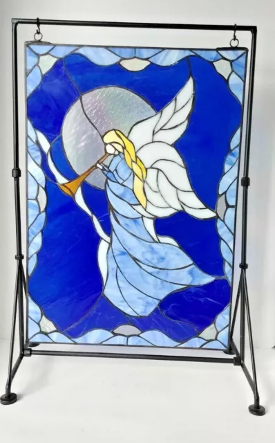Handcrafted Stained Glass Window Panel ANGEL WITH TRUMPET 20"x 14"