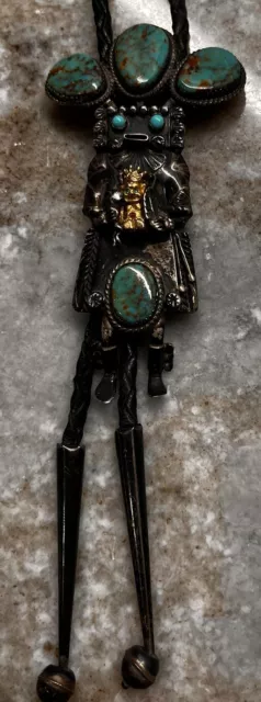 Early Will Denetdale Navajo Turquoise, Silver & Gold Bolo Tie, Lariat Necklace