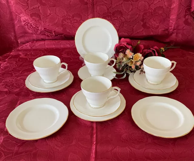 4 Duchess Fine Bone China Trios & 2 Bonus Side Plates Elegant White & Gold 3