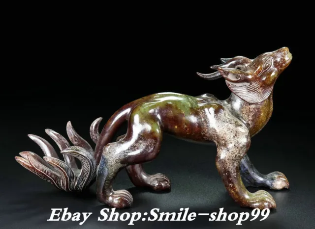 9.6" Fine Natural Hetian Jade Carved Fengshui 9 Tailed Fox Beast Animal Statue