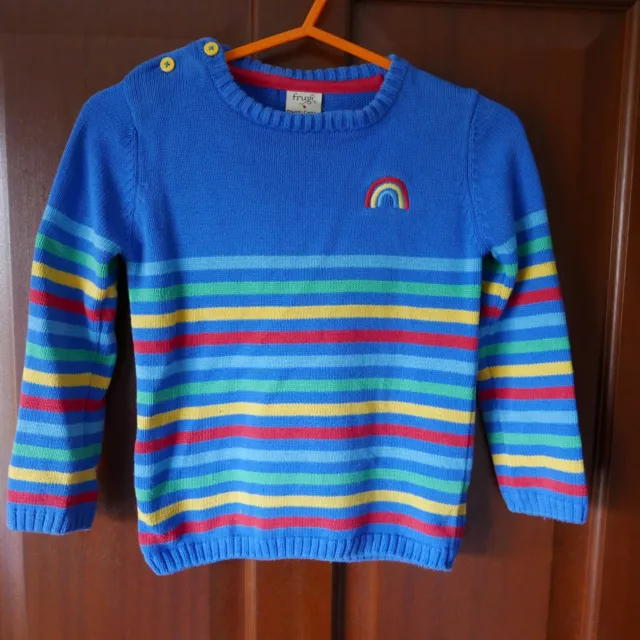 Maglione lavorato a maglia Frugi, età 3-4 anni, blu brillante, righe arcobaleno