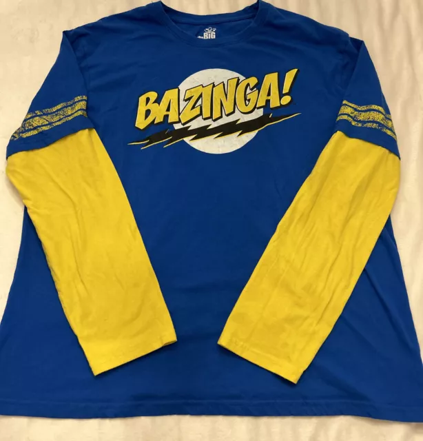 Big Bang Theory Bazinga Blue Yellow Sleeves Long Sleeve Sheldon Cooper Men’s XL