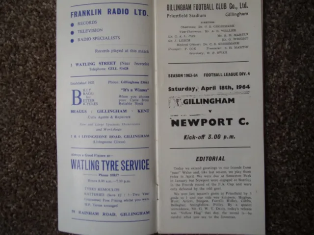 1963/64 Gillingham v NEWPORT DIVISION 4 18TH APRIL 1964