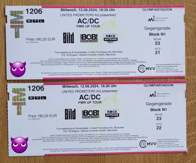 AC/DC TICKET MÜNCHEN Mittwoch 12.06.2024 Sitzplatz Gegengerade Block N1