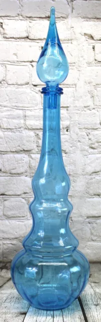 Vintage MCM Empoli Blue Ribbed Glass Genie Bottle Decanter With Stopper 26"