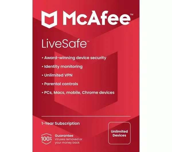 MCAFEE LiveSafe 2024 Total Protection - 1 year for unlimited devices RRP £79.99