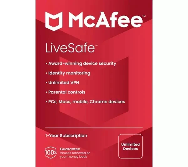 MCAFEE LiveSafe 2024 Total Protection - 1 year for unlimited devices RRP £79.99