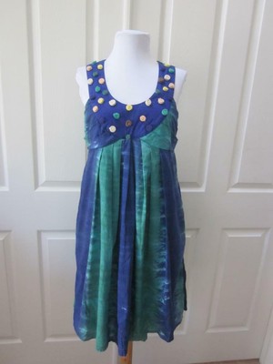 KAS NEW YORK Anthropologie Blue Green Print Sleeveless Dress w/ Bodice Detail  S