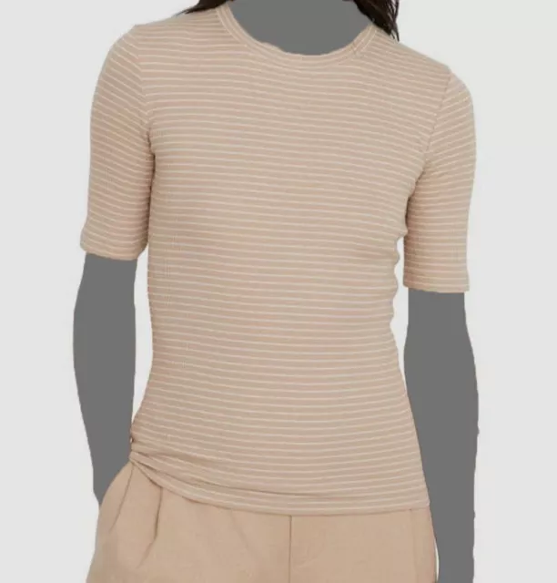 $155 Vince Women's Beige Rib Striped Crew-Neck Elbow-Sleeved T-Shirt Top Size XS