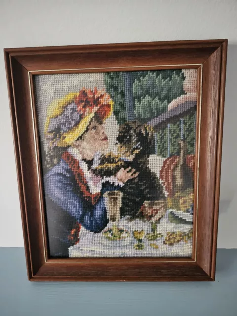 Vintage Embroidered Tapestry Framed Needlepoint Woman & Dog 32x27cm