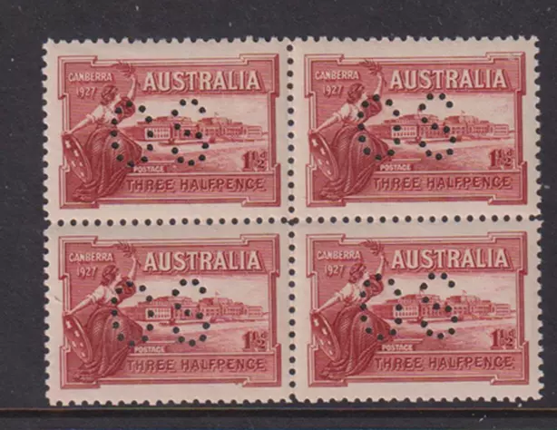 1927 Parliament House Block of 4 puncture OS MUH