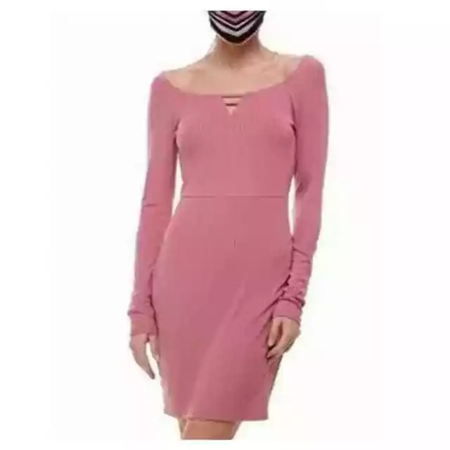 Planet Gold Pink Ribbed Long Sleeve Bodycon Dress and Mask Women Juniors XS New