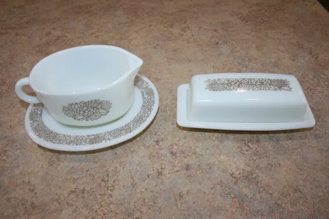 Vintage Pyrex Gravy Boat with Plate & a Butter Dish In Brown Woodland pattern.