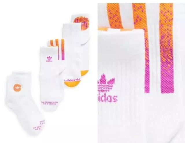 ADIDAS 3 Pack Originals Spiral Quarter Crew Socks WHITE PURPLE ORANGE NWT $22