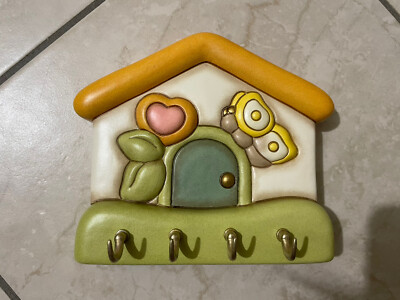 THUN Ceramica; Ganci in Acciaio Inox Living Complementi d'Arredo Idea Regalo Appendichiavi 4 Ganci con Coccinella Portafortuna Linea Country 18x3,7x12 cm h 