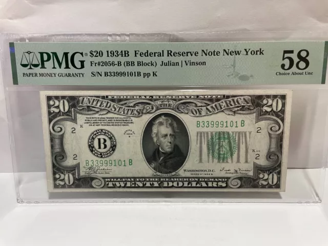 1934B $20.00 Federal Reserve Note Fr-2056-B Bb Block Pmg 58 Choice About Unc.