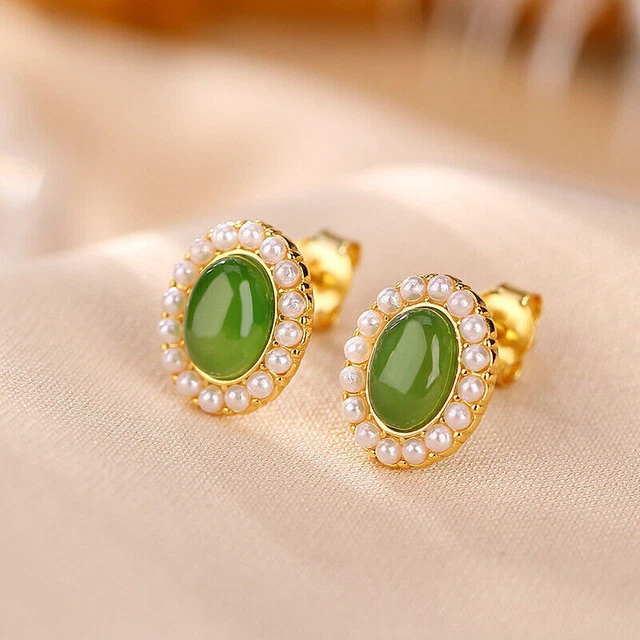 Gold Over 925 Sterling Silver With Natural Green Jade Oval Stud Earrings