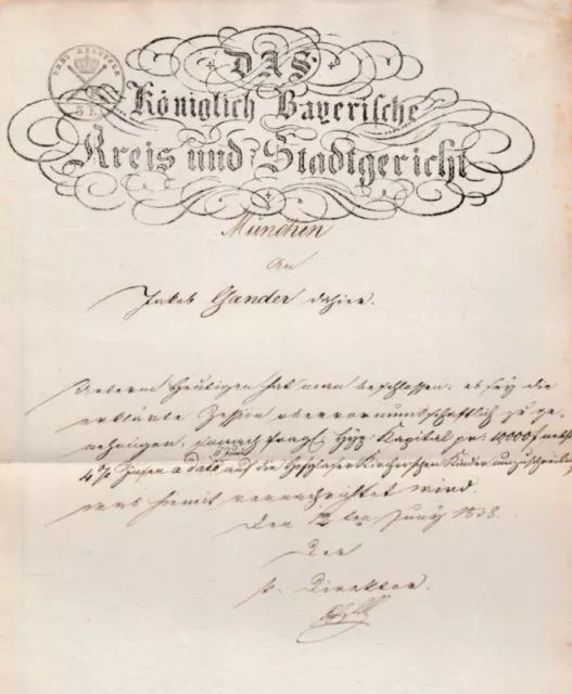 MÜNCHEN, Kreis- u. Stadtgericht, Schreiben vom 2. Juni 1838. Monacensia, Justiz