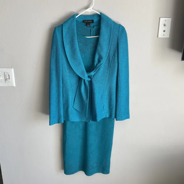 ST JOHN Boutique Santana Knit Dress With Jacket Turquoise Teal Floral Knit Sz 2