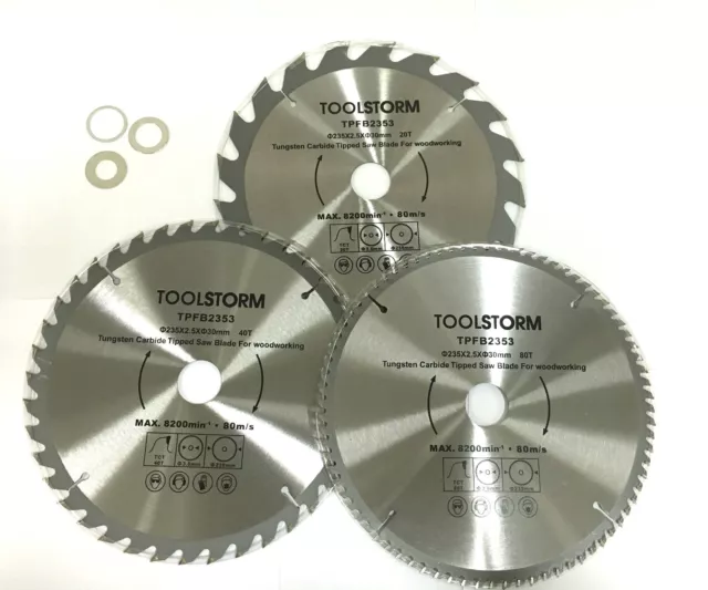 3PC TCT Drop Saw/Compound Mitre Saw BLADE 235MM 20T,40T,80T ARBOR 30/25.4/16/10