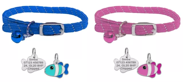 Reflective Softweave Safety Cat Collar, Bell & Personalised Engraved Fish Tag ID