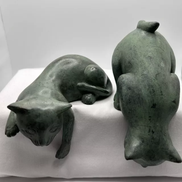 Antique Pair Of Cat Sculpture Bronze Figurine Patina Green