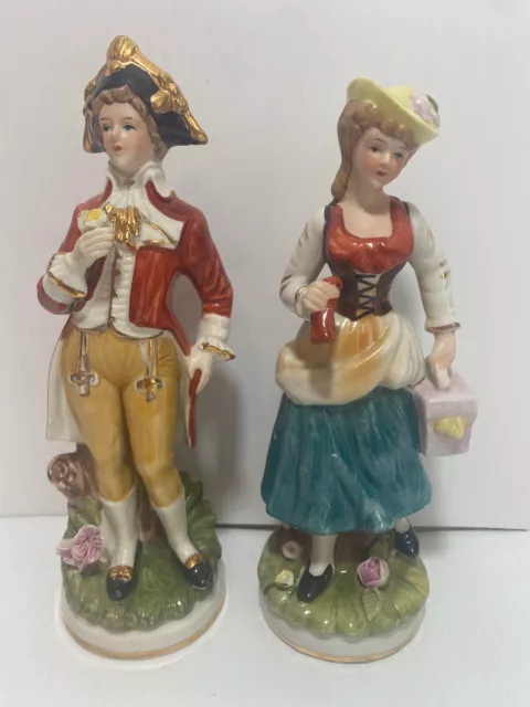 Vintage 8 1/2"  Man & Woman Porcelain Hand Painted Figurines Colonial Attire