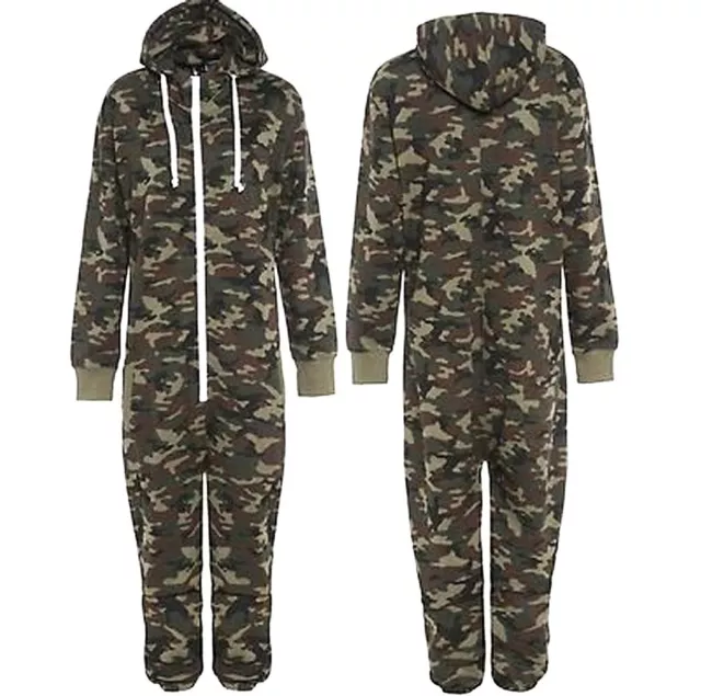 Kids Army Camo Print 1Onesie Hooded Jumpsuit All in One Boys Fleece Size 2-14yrs