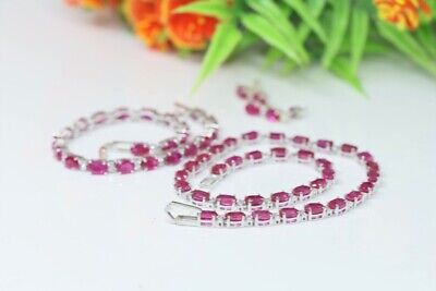 14k White Gold Over 20ct Red Ruby Necklace Set Bracelet Earring Simulated Vintag