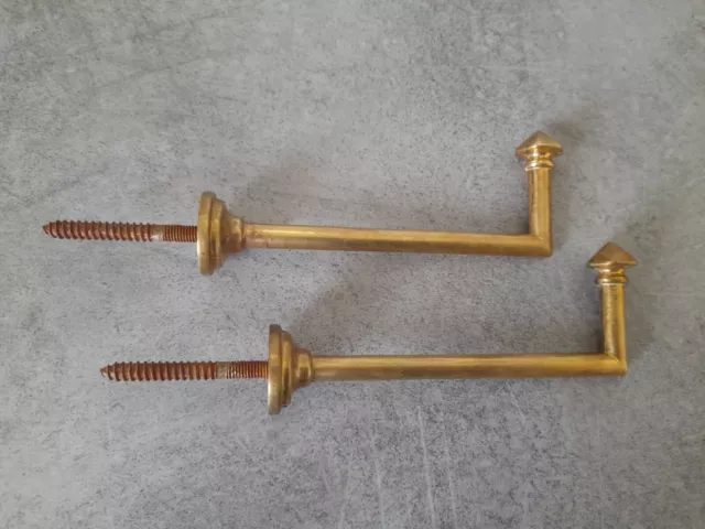 Pair French Antique Brass Curtain hooks/tie backs. Hexagonal finials. 11 cms