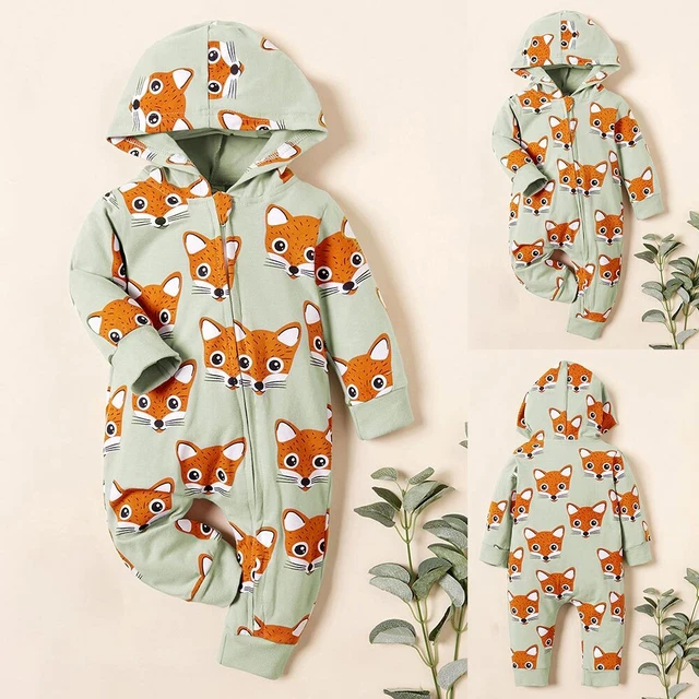 Newborn Baby Boys Girls Fox Romper Long Sleeve Hooded Jumpsuit Outfits Clothes