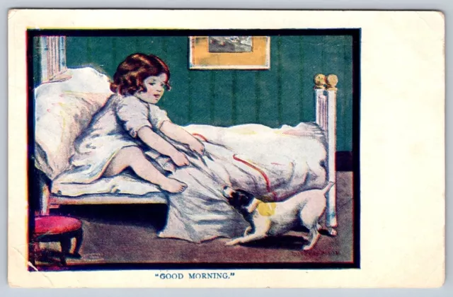 Good Morning, Girl In Bed Playful Dog, Antique Art Postcard Signed Dorothy Dixon