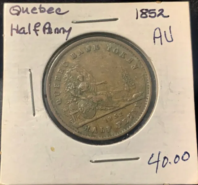 PC-3 Halfpenny token Un sou 1852 Province du of Canada Quebec Bank Breton 529