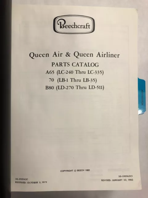 Beechcraft Queen Air and Queen Airliner Parts Catalog A65, 70, and B80