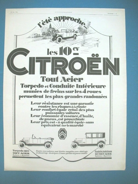 PUBLICITE DE PRESSE CITROEN TORPEDO 10 CV AUTOMOBILE TOUT ACIER éTé AD 1926