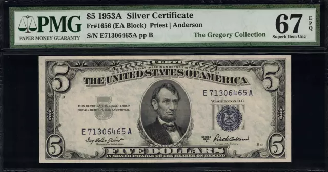 1953A $5 Silver Certificate FR-1656 - Graded PMG 67 EPQ Superb Gem Uncirculated