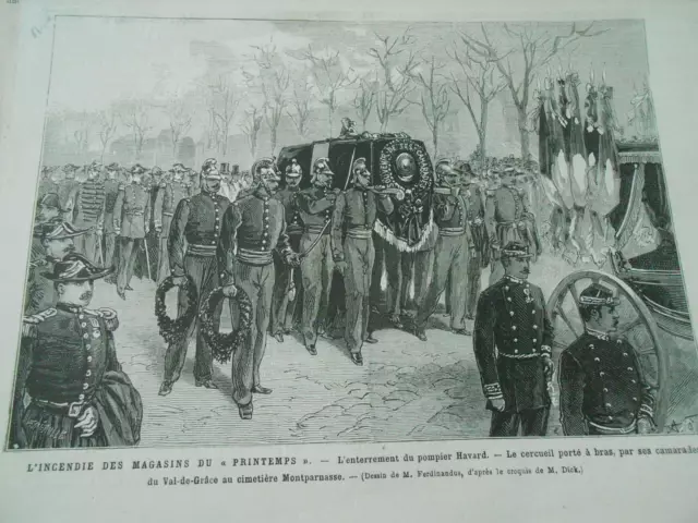 Gravure 1881 - L'Incendie des Magasins de Printemps Enterrement Pompier Havard